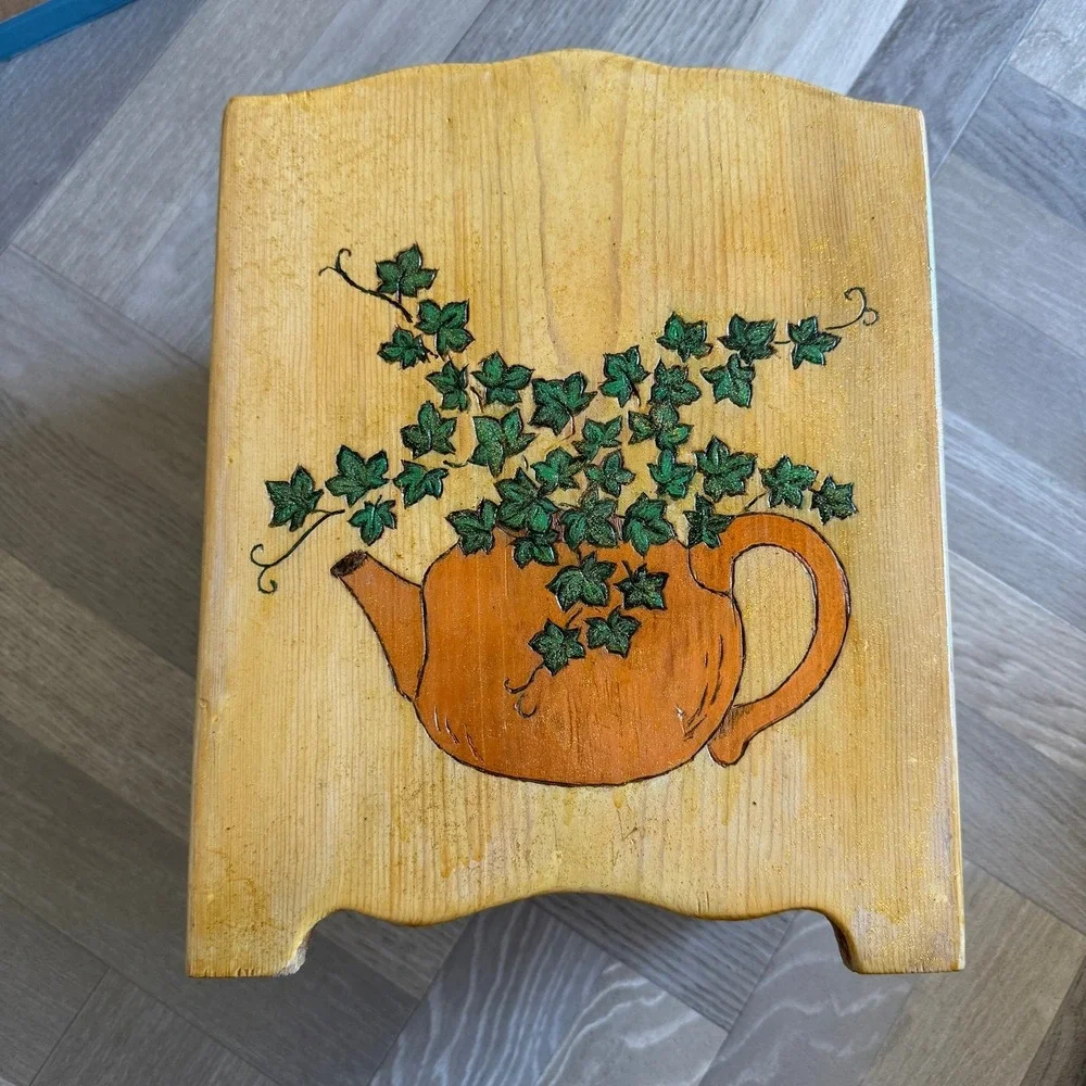 Hand Painted Wood Teapot Ivy Storage Box Planter Rustic Cottagecore Folk Art